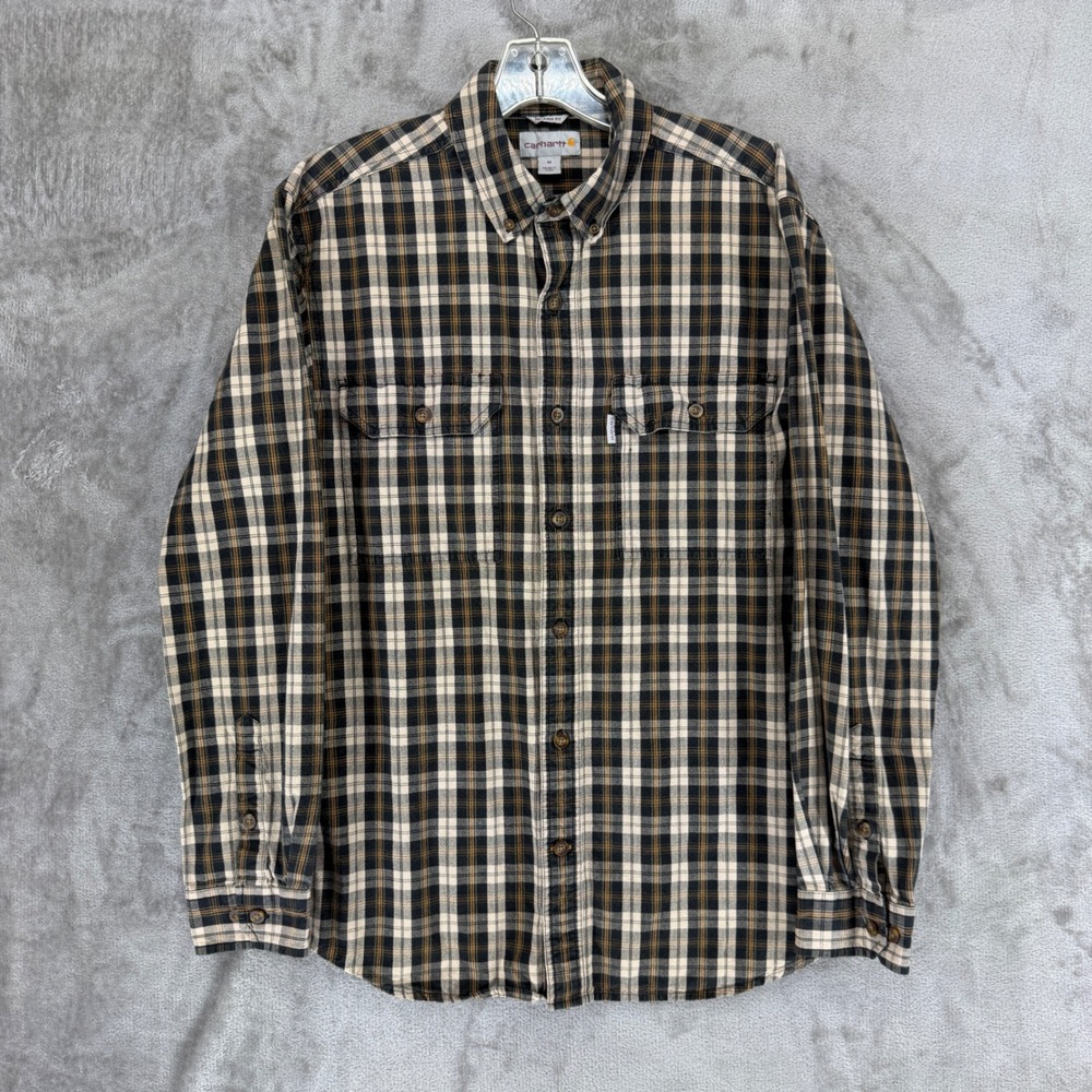 Carhartt Mens Relaxed Fit Plaid Long Sleeve Button Down Shirt Black Tan M 102214